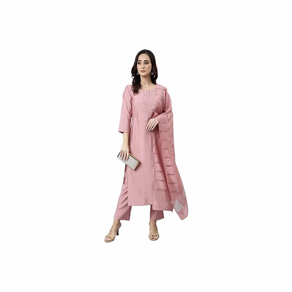 Women's Light Pink Poly Silk Embroidered Kurta with Pant and Dupatta