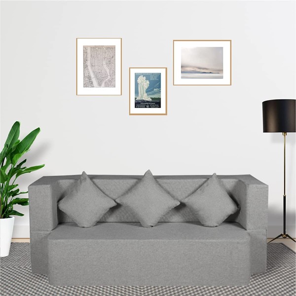 Seventh Heaven 3 Seater Sofa Cum Bed - Jute Fabric Washable Cover with 3 Cushions Double Sofa Bed (Light Grey)