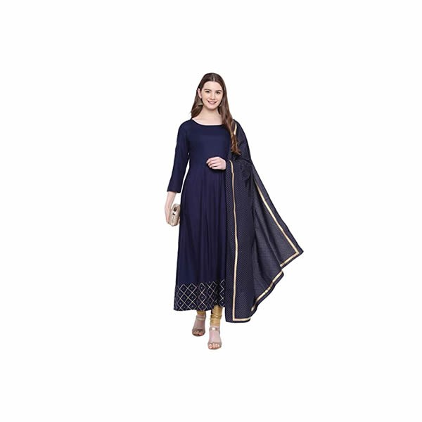 Women's Cotton Kurta with Dupatta Set (Navy Blue)