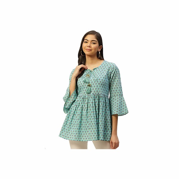 Women Pure Organic Cotton Bell Sleeves Round Tie Ups Neck Regular Floral Print Peplum Top Girls