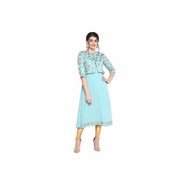 Women's Turquoise Blue Poly Crepe Gold Print A-Line with Attached Jacket Kurta
