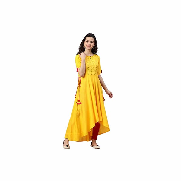 Women's Rayon Slub Embroidered Up-Down Kurta (Yellow)