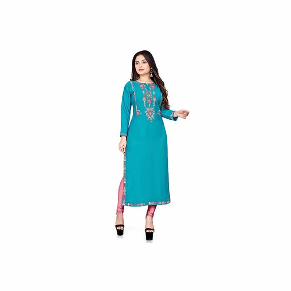 Women's Rayon Embroidered Straight Kurti Under 499 Designer Attractive Look Women's Kurta