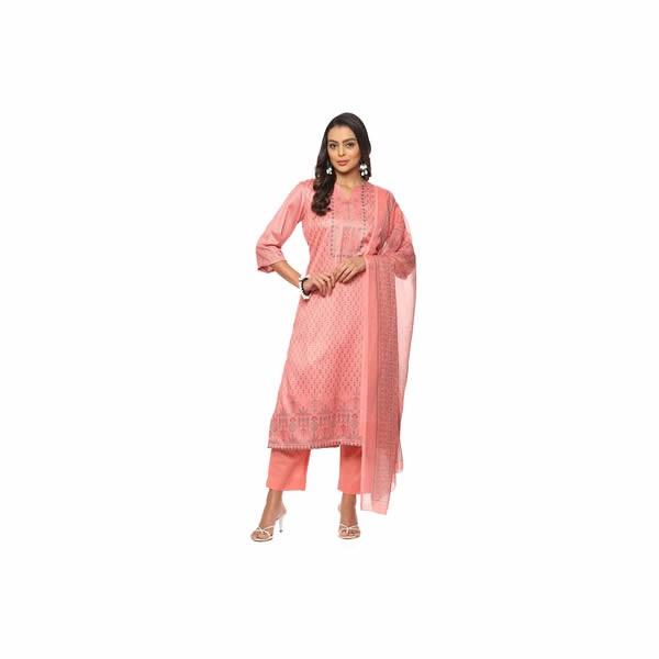 Women's Peach Cotton Screen Print Unstitched Suit Set