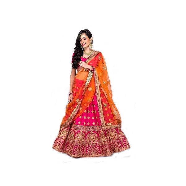 Fast Fashions Women's Tafetta Silk Semi Stitched Lehenga Choli (Pink_Free Size)