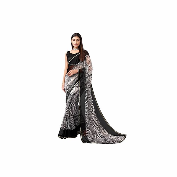 Women's Lace & Polka Printed Chiffon Saree with Unstitched Blouse Piece