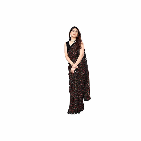 Women's Flower Printed Georgette Saree With Unstitched Blouse Piece (Berry)