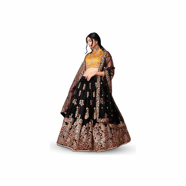 Women's Net Embroidered Semi-Stitched Bridal New Lehenga Choli with Dupatta (7315-Peach-Green-Wedding-Latest-Lehenga; Free Size) 0