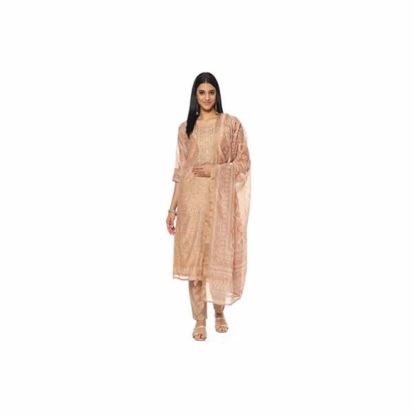 Women's Beige Chanderi Printed Unstitched Suit Set