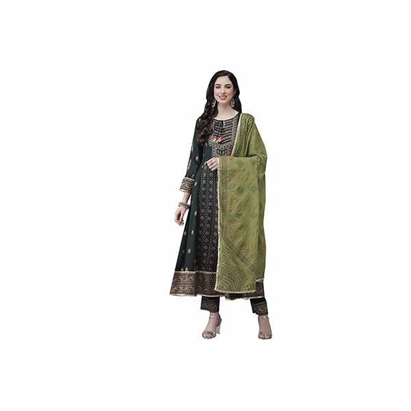 Women's Viscose Rayon Green Embroidered Anarkali Kurta suit set With Dupatta & Pants