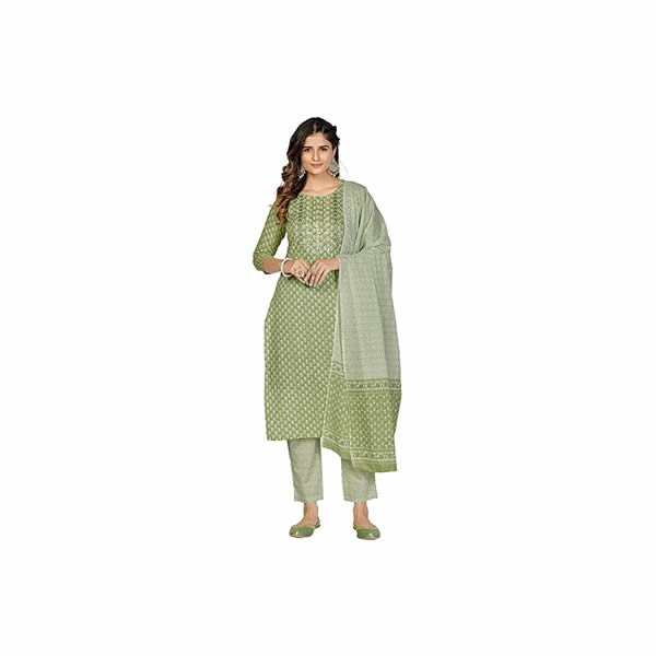 Women's Embroidered Straight Cotton Parrot Green Stitched Kurta Pant with Dupatta