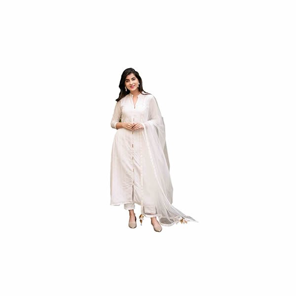 Women's Chanderi Cotton Fabric Salwar Suit with Dupatta (White_Semi Stitched).