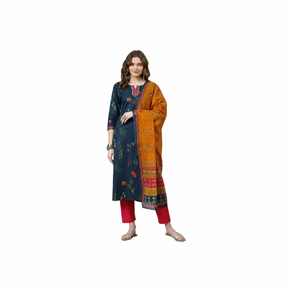 Women’s Cotton Readymade Salwar Suit Set. Printed Straight Kurti Pant Dupatta Set Latest00