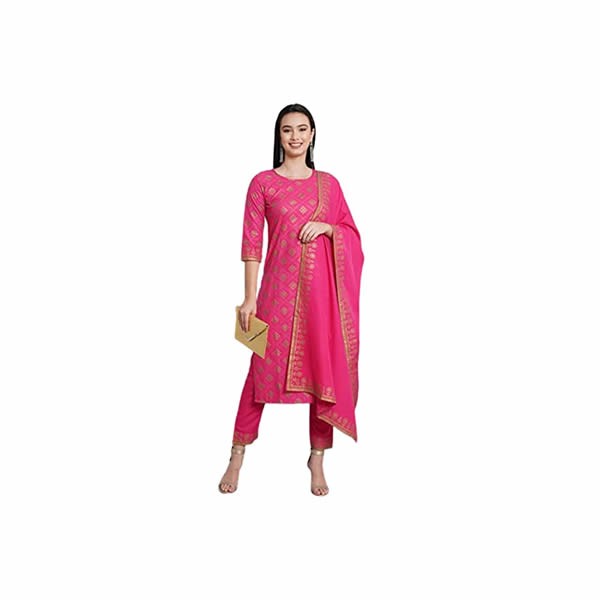 Women's Straight Floral Printed Cotton Blend Kurta (Pink)