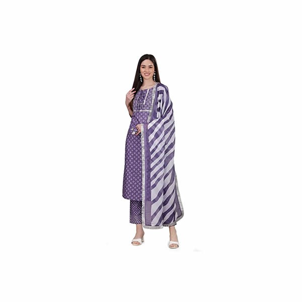 Women’s Slub Cotton Bandhani Print Kurta Pant Suit Set Light Purple