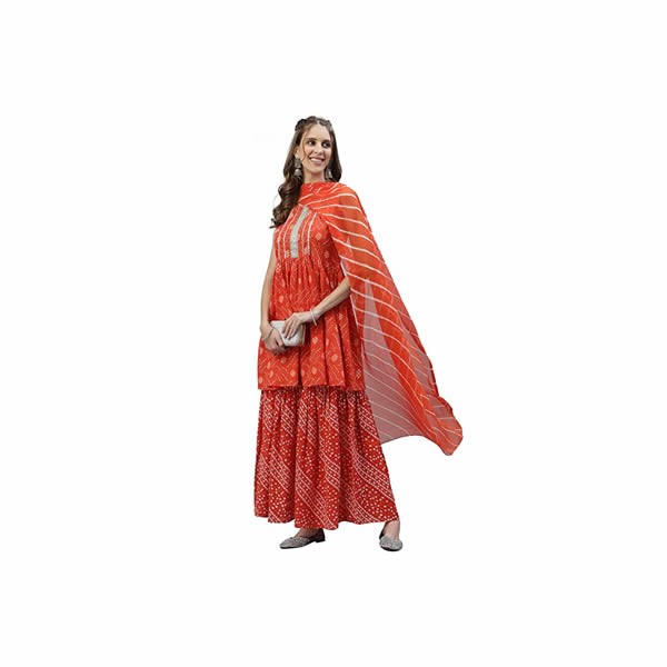 Women's Bandhej printed Cotton Flared short Kurta Sharara Dupatta Set (Orange)