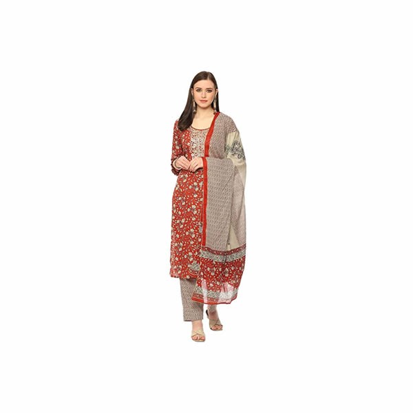 Women's Red Cotton Hand Block Print Unstitched Suit Set