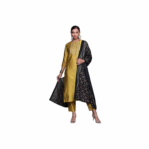 Women's Silk Blend Embroidered Straight Kurta Palazzo with Dupatta set