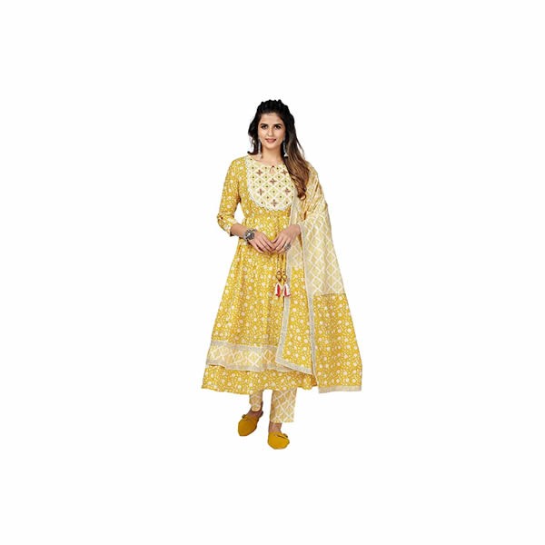 Women's Printed & Embroidered Anarkali Cotton Yellow Stitched Kurta Pant with Dupatta