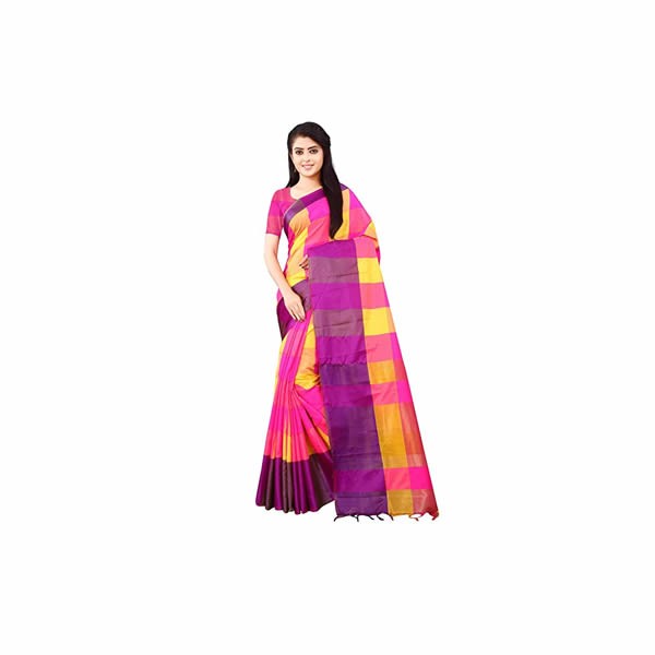 Women's Tussar Silk Checks Pattern Banarasi katan Silk Saree With Blouse Piece