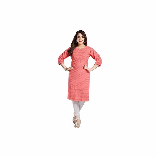 Women's Knee Length Rayon Chikan-Kari KurtaKurti