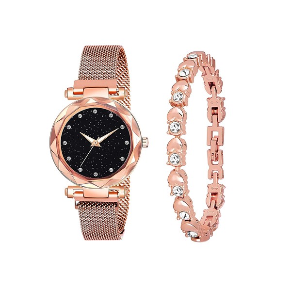 Swadesi Stuff Multicolor Metal Strap Magnet Watch & Diamond Bracelet Combo for Women & Girls