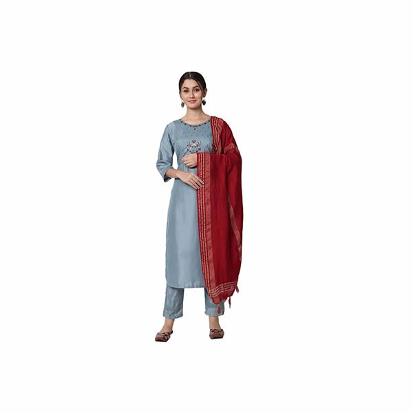 Women's Silk Blend Kurta & Trousers Pant with Viscose Print Dupatta