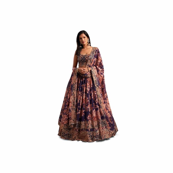 Women's Organza Floral White Semi-Stitched Lehenga Choli