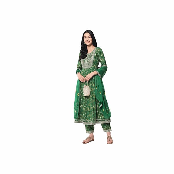 Women Green Floral Empire Kurta with Trousers & With Dupatta(Anarkali)