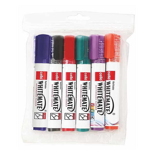 Cello Whitemate Whiteboard Markers - Set of 6 (Multicolored) | School & Office Stationery|Ideal for Work from Home