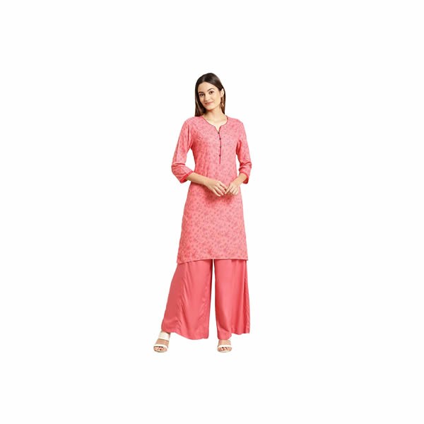 Women 100% Cotton Pink Gold Printed Calf Length Straight Kurti