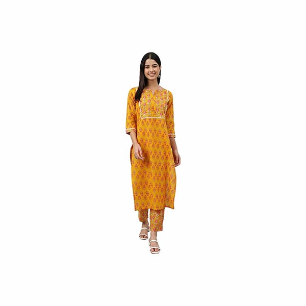 Women's Mustard Cotton Floral Print Kurta with Pant