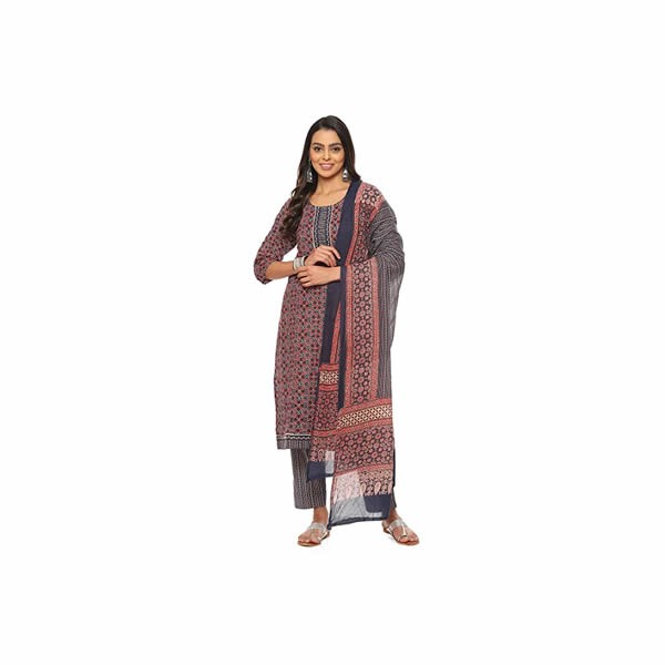 Women's Blue Cotton Hand Block Print Unstitched Suit Set