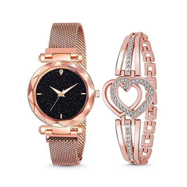 MARCLEX Branded Analogue Black Dial Magnet Watch with Gift Bracelet for Women or Girls