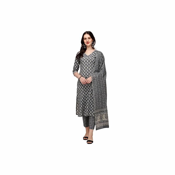 Women's Grey Cotton Straight Kurta with Pant and Dupatta