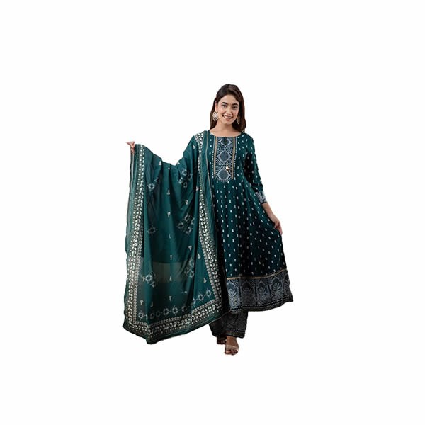 Rayon Printed Flared kurta Palazzo Dupatta Set