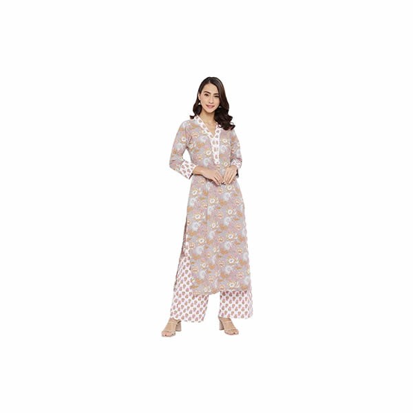 Women's Cotton Grey & Pink Floral Printed Kurta with Palazzo