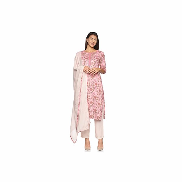 Women's Cotton Straight Kurta Pant With Dupatta Set (Light Pink)