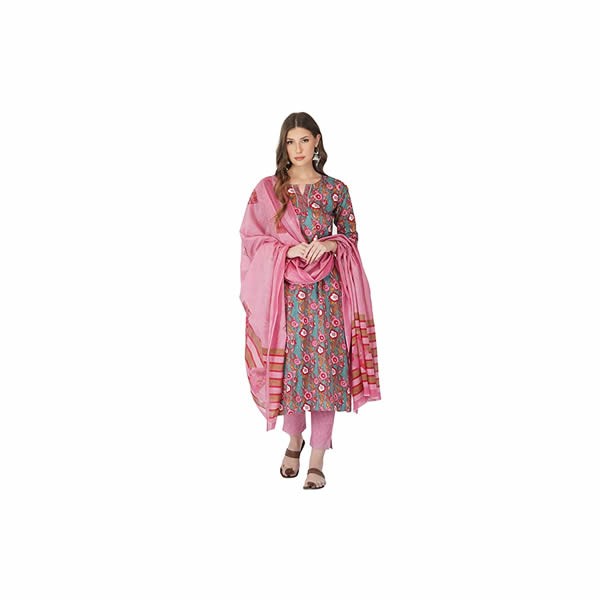Women’s Cotton Readymade Salwar Suit Set. Printed Straight Kurti Pant Dupatta Set Latest0