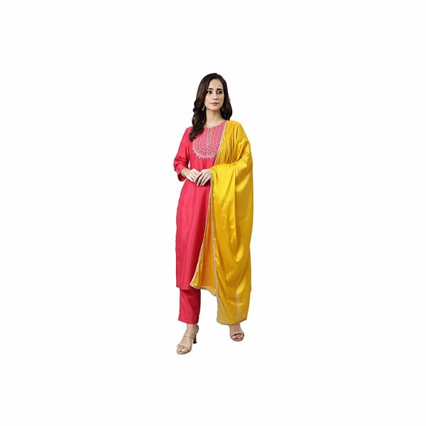 Women's Pink Poly Silk Solid Kurta with Pant and Dupatta