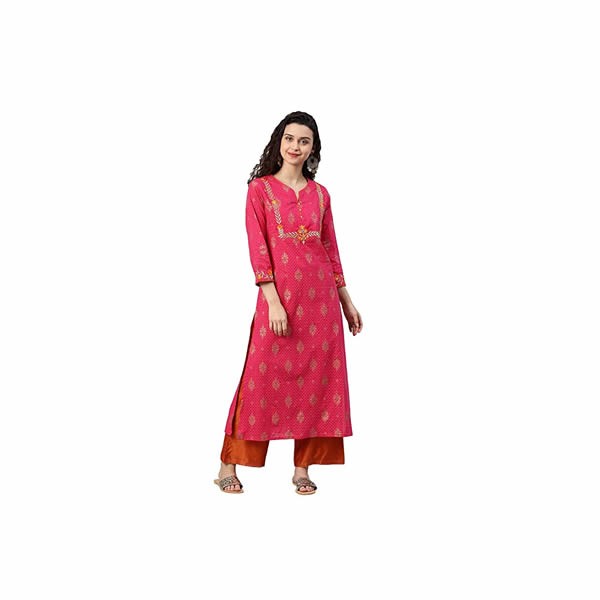 Women's Cambric Cotton Zari Embroidered Straight Kurta (Pink)